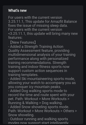 O registro de alterações da versão 3.25.12.3 do software para o smartwatch Amazfit Balance. (Fonte da imagem: u/SabretoothPenguin via Reddit)