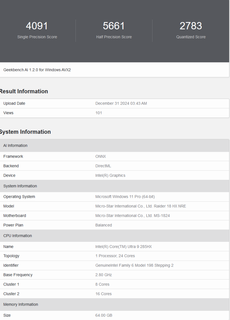 MSI Raider 18 HX Geekbench AI listing (fonte da imagem: Geekbench)