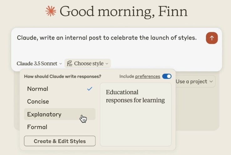 O Anthropic adiciona os estilos de escrita Concise (Conciso), Explanatory (Explicativo) e Formal ao estilo de resposta normal do Claude AI. (Fonte da imagem: Anthropic)