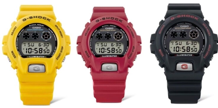 Série Casio G-Shock DW-6900 em amarelo (DW-6900TR-9), vermelho (DW-6900TR-4) e preto (DW-6900TR-1).