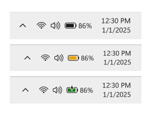 Os ícones coloridos de bateria do Windows 11 facilitam o conhecimento do status da bateria e do carregamento. (Fonte da imagem: Microsoft)