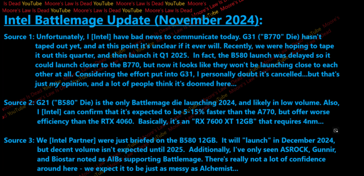 A Intel pode não lançar uma placa de vídeo Arc Battlemage de ponta nesta geração (fonte da imagem: Moore's Law is Dead no YouTube)