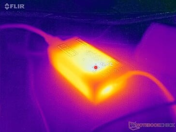 O adaptador CA atinge mais de 42 °C ao operar cargas exigentes