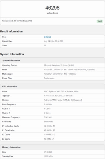 Pontuação Vulkan do Geekbench da AMD Radeon 890M (imagem via Geekbench)