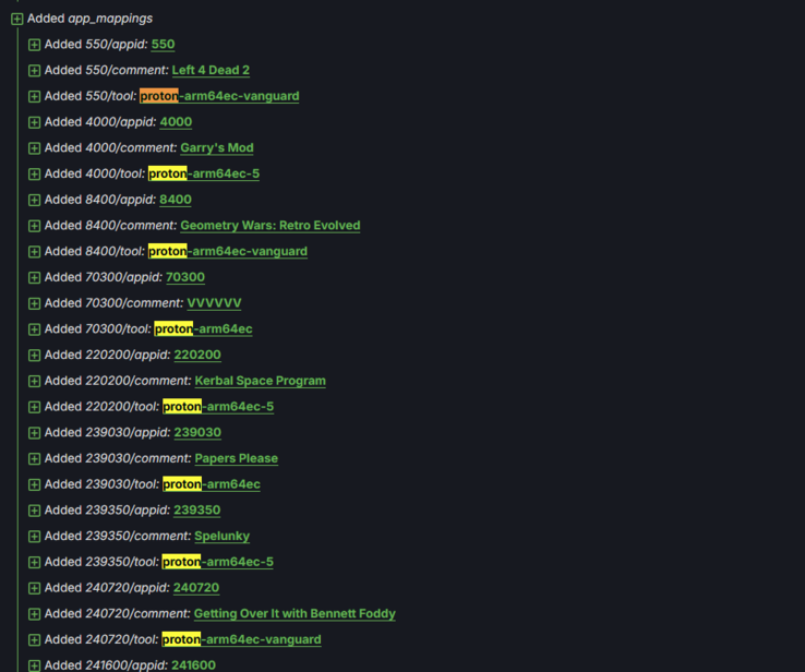 O registro de alterações lista uma variedade de jogos, juntamente com menções à arquitetura ARM64. (Fonte da imagem: SteamDB)