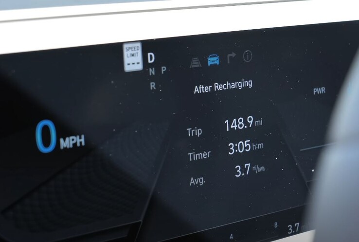 No final da viagem, o Ioniq 5 estava com 46% e indicava uma eficiência de 3,7 milhas/kWh. (Fonte da imagem: TFLEV via YouTube)