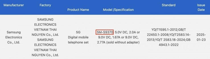 certificação 3C do Galaxy S25 Edge (Fonte da imagem: GSMArena)