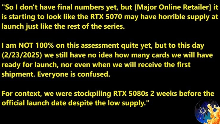 Informações sobre o estoque de lançamento da RTX 5070. (Fonte da imagem: Moore's Law Is Dead)