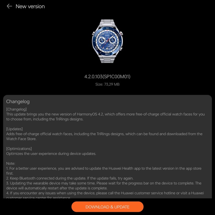 O registro de alterações da versão 4.2.0.103 do Huawei Watch Ultimate. (Fonte da imagem: @RODENT950 via X)