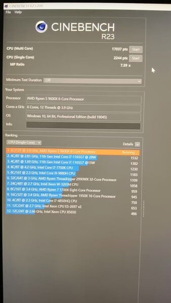 Pontuação do AMD Ryzen 5 9600X Cinebench R24 (fonte da imagem: HXL on X)