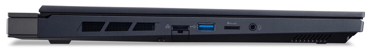 Lado esquerdo: Gigabit Ethernet (2,5 Gbit/s), USB 3.2 Gen 1 (USB-A), leitor de cartão de armazenamento microSD, porta combinada de áudio