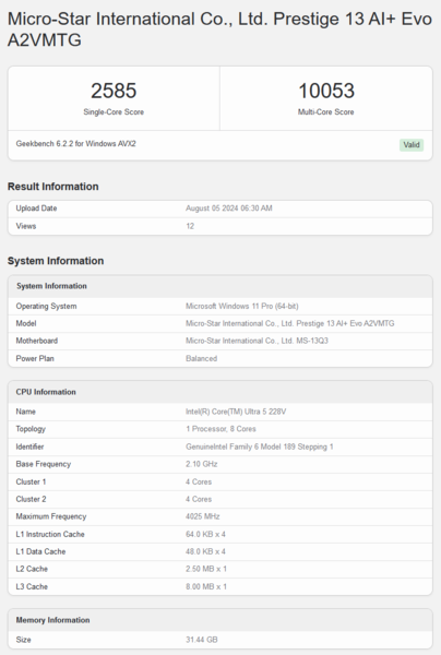 Pontuação do Geekbench do Core Ultra 6 228V (fonte da imagem: Geekbench)