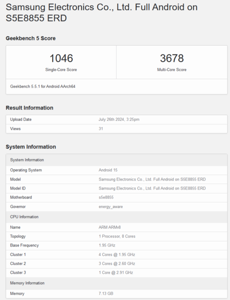 Pontuação do Geekbench 5.5 do Exynos 1580 (fonte da imagem: Geekbench)