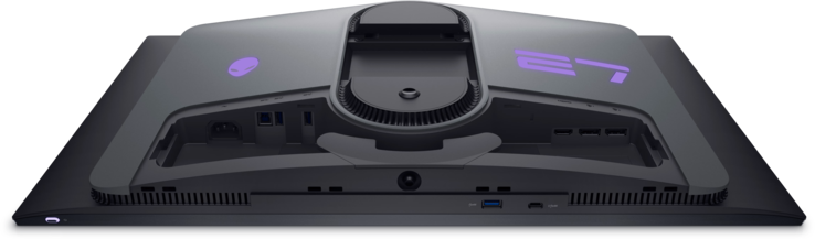 Alienware AW2725DF: Botão de energia, joystick de controle e portas. (Fonte da imagem: Dell)