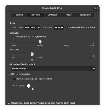 A nova tela de boas-vindas do GIMP apresenta muitas maneiras de adequar o programa de manipulação de imagens às suas preferências. (Fonte da imagem: Julian van der Merwe / Notebookcheck)