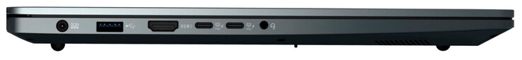 Lado esquerdo: conexão de energia, USB 3.2 Gen 1 (USB-A), HDMI, 2x USB 3.2 Gen 1 (USB-C; Power Delivery, DP Alt-Mode), combinação de áudio