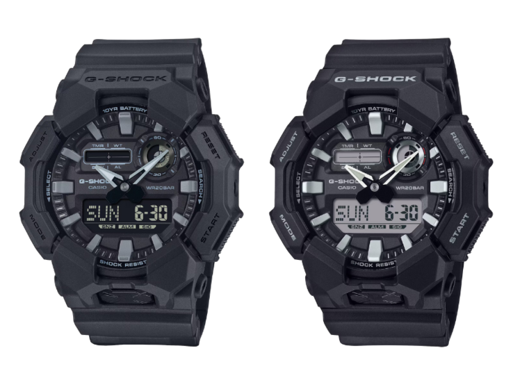 O relógio Casio G-Shock GA-010-1A1JF (à esquerda) em comparação com o relógio Casio G-Shock GA-010-1A (à direita). (Fonte da imagem: Casio)