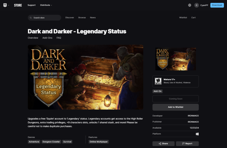 Dark and Darker - Legendary Status está com o status "Em breve" na Epic Games Store no momento. (Fonte da imagem: Epic Games)