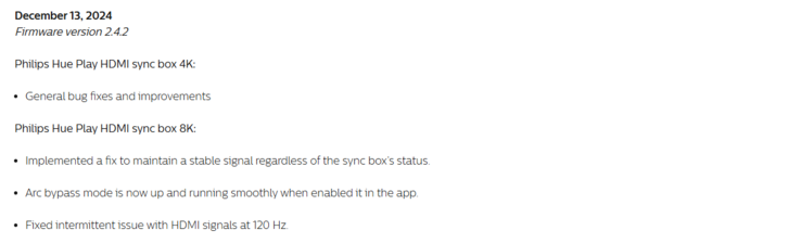 As notas de lançamento da versão 2.4.2 do firmware para caixas de sincronização HDMI Philips Hue Play. (Fonte da imagem: Philips Hue)