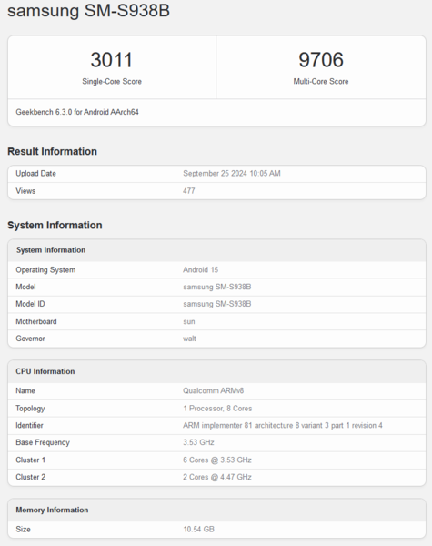 Snapdragon 8 Gen 4 para Galaxy nova listagem do Geekbench (fonte da imagem: Geekbench)