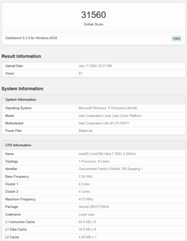 Pontuação Vulkan do Intel Arc 140V (imagem via Geekbench)