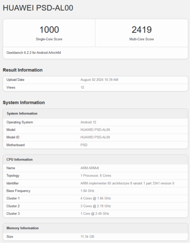 Pontuação do Geekbench do Kirin 8000 (fonte da imagem: Geekbench)