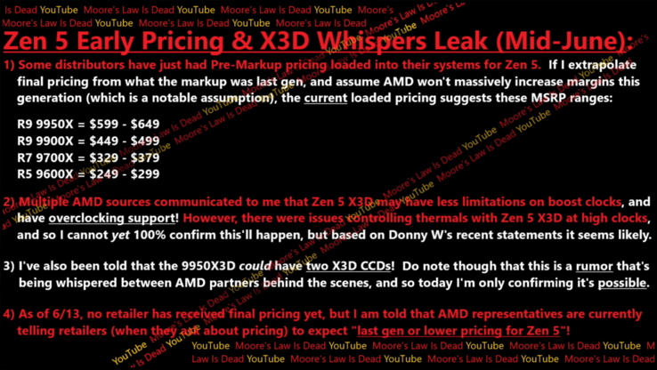 Rumores de preços do desktop Ryzen 9000 (imagem via Moore's Law is Dead)