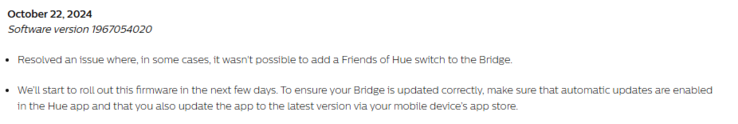 O registro de alterações da versão do software Philips Hue Bridge 1967054020. (Fonte da imagem: Philips Hue)