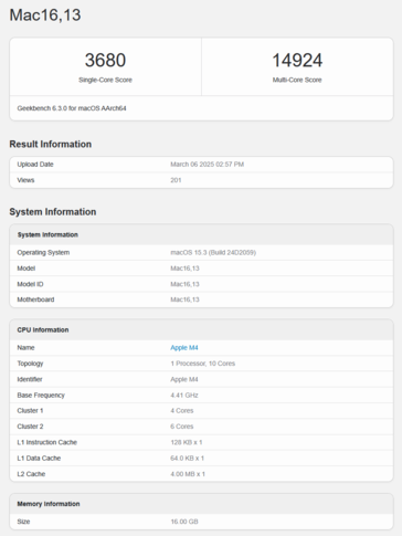 Pontuação da CPU no Geekbench do MacBook Air M4 (fonte da imagem: Geekbench)