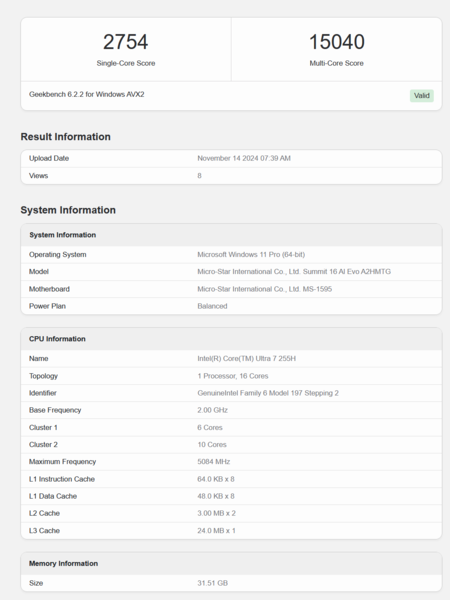 Desempenho do Intel Core Ultra 7 255H no Geekbench (fonte da imagem: Geekbench)