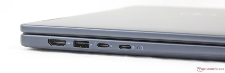 Esquerda: HDMI 1.4 (somente até 1080p60), USB-A 3.2 Gen. 1, 2x USB-C 3.2 Gen. 2 (10 Gbps) com DisplayPort 1.4 + Power Delivery