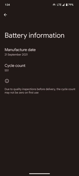 A recém-adicionada página Informações sobre a bateria nos celulares Pixel mostra a contagem do ciclo de carga