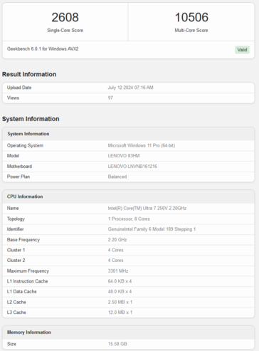 Pontuação do Intel Core Ultra 7 256V no Geekbench (imagem via Geekbench)