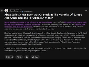 Postagem do Reddit sobre a disponibilidade europeia do Xbox Series X (Fonte da imagem: Gaming subreddit)