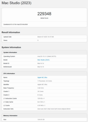 Apple M2 Ultra Geekbench GPU Metal score (imagem: pontuação Geekbench)