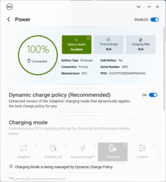 Menu de configurações de energia mostrando o comportamento da carga