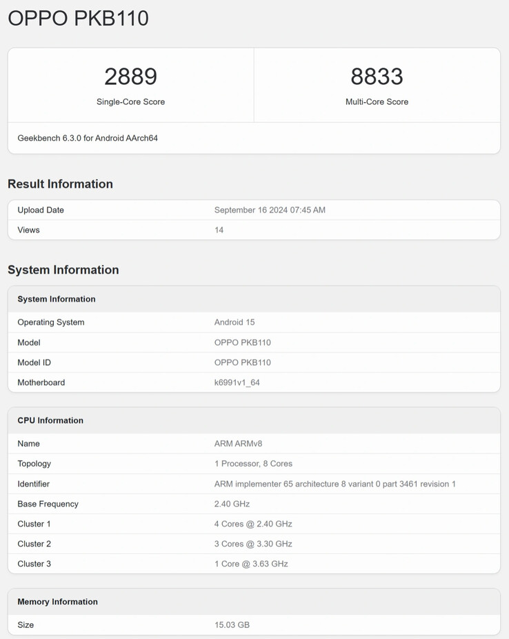 Suposto benchmark de CPU do Oppo Find X8 no Geekbench (Fonte da imagem: IT Home)