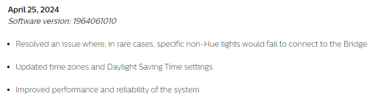 As notas de lançamento da versão de software 1964061010 para o Philips Hue Bridge. (Fonte da imagem: Philips Hue)