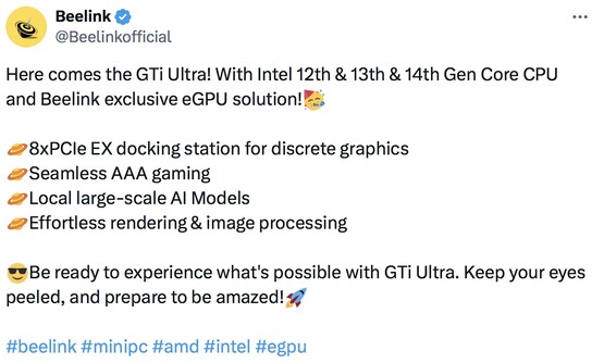 O próximo GTi Ultra da Beelink contará com os processadores de 12ª, 13ª e 14ª geração da Intel. (Fonte: Beelink no Twitter)