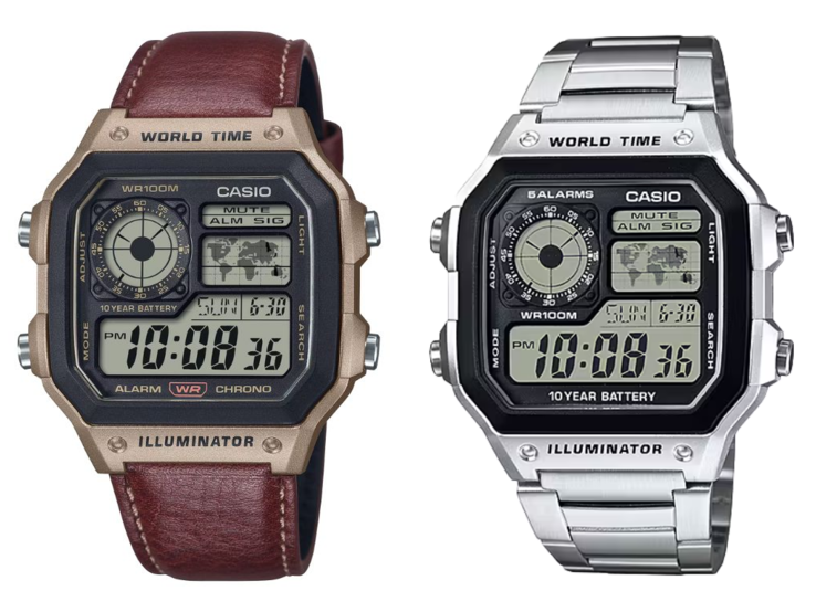 O Casio AE-1200WHL-5AV com pulseira de couro (esquerda) e o AE-1200WHD-1AV com pulseira de metal (direita). (Fonte da imagem: Casio)