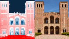 Uma imagem infravermelha térmica do Royce Hall da UCLA. A transição da cor branca para o vermelho pálido mostra o calor sendo absorvido do solo (vermelho). O excesso de calor irradia para o céu frio, representado em azul. (Fonte da imagem: Raman Lab/UCLA)