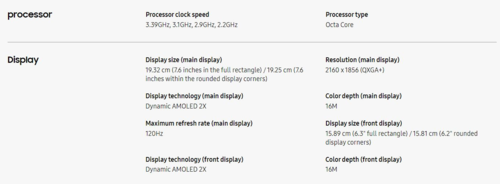 Galaxy Especificações da tela do Z Fold 6 (imagem via Samsung)