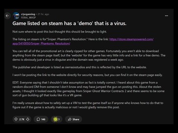 Postagem do Reddit sobre a demonstração do Steam infectada (Fonte da imagem: captura de tela, PC Gaming subreddit)