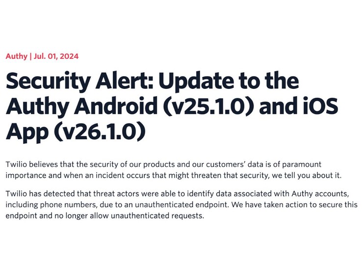 A Twilio incentivou os usuários a atualizarem o aplicativo Authy com urgência por motivos de segurança (Fonte: Twilio)