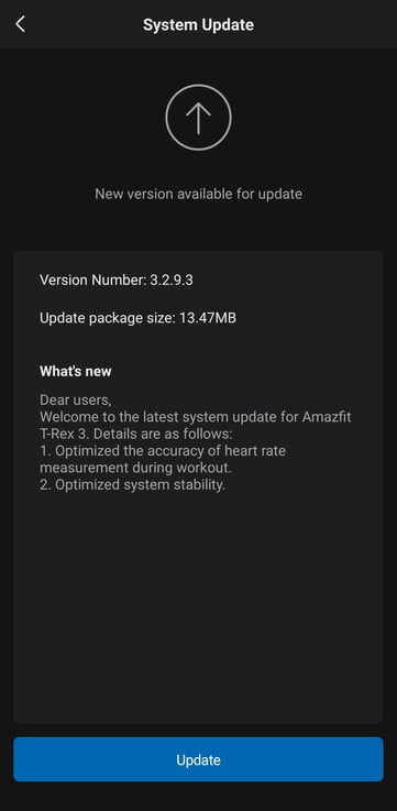 O registro de alterações da versão 3.2.9.3 do firmware do Amazfit T-Rex 3. (Fonte da imagem: u/Ech0ke via Reddit)