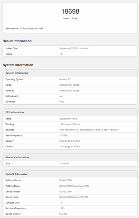 Desempenho OpenCL do Geekbench da Adreno 830 (fonte da imagem: Geekbench)