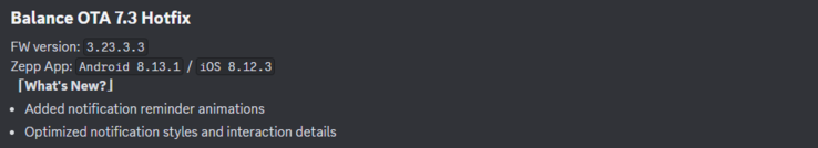 As notas de versão do Hotfix OTA 7.3 do Amazfit Balance. (Fonte da imagem: Zepp Health via Discord)
