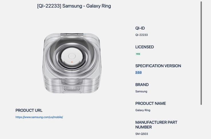 O estojo de carregamento do Samsung Galaxy Ring já tem certificação Qi2, embora não tenha ímãs e carregamento rápido. (Imagem: Wireless Power Consortium)