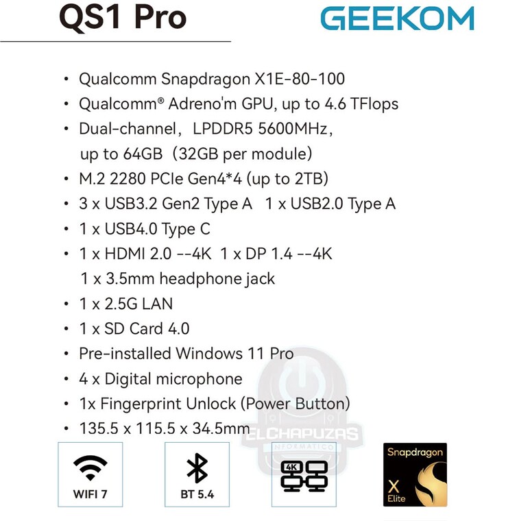 Especificações vazadas do Geekom QS1 Pro (Fonte da imagem: El Chapuzas Informatico)