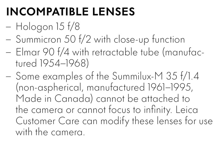 A Leica M11-D é compatível com quase todas as lentes Leica M fabricadas desde 1954, com exceção destas lentes. (Fonte da imagem: Leica)